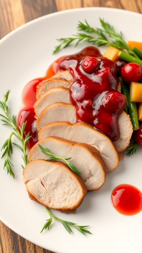 Sliced duck breast with cherry sauce on a white plate, garnished with herbs and vegetables.